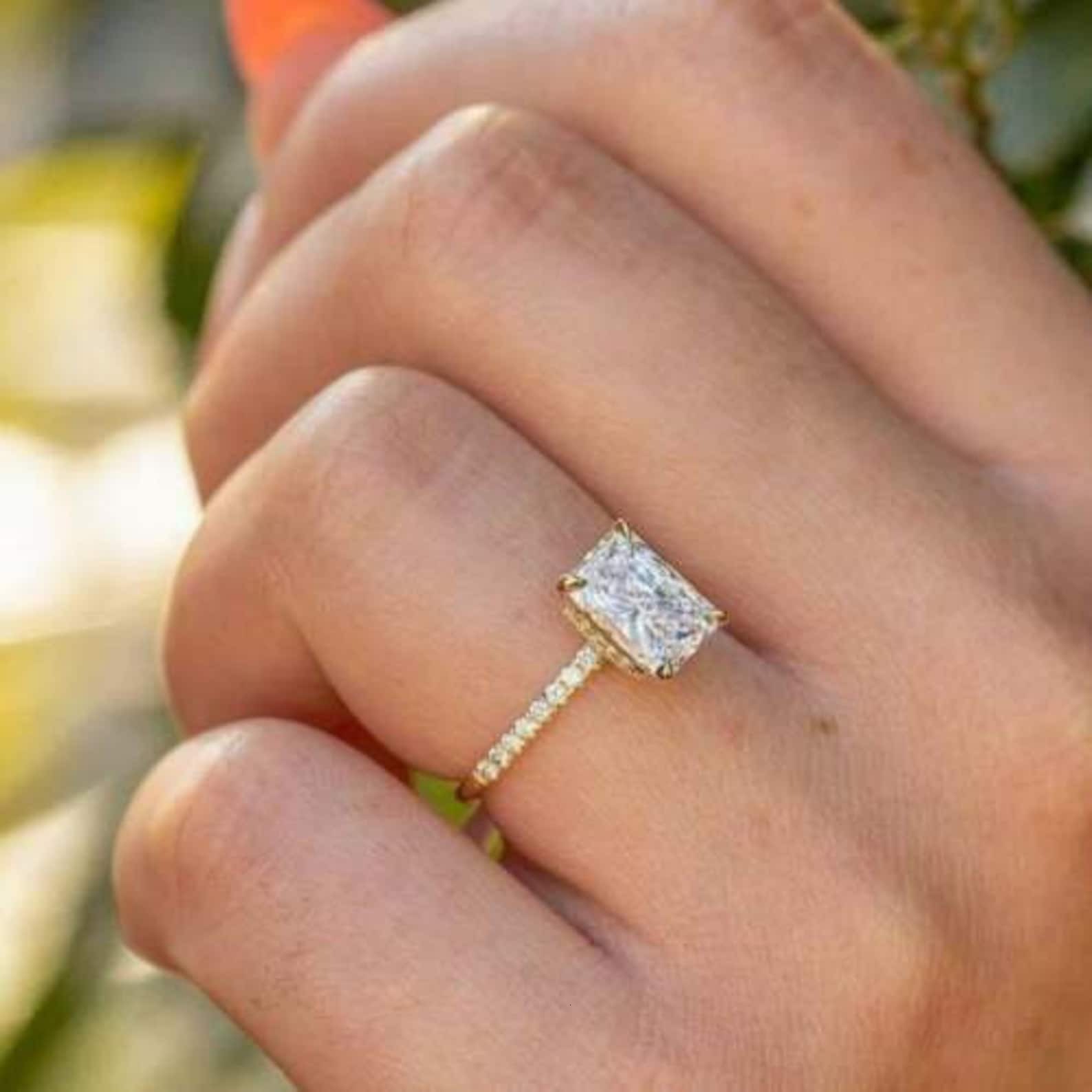 9.00X7.00 MM Radiant Cut Moissanite Hidden Halo Promise Engagement Ring Sterg Sier Minimalist Women's White 2 Pcs gorgeous