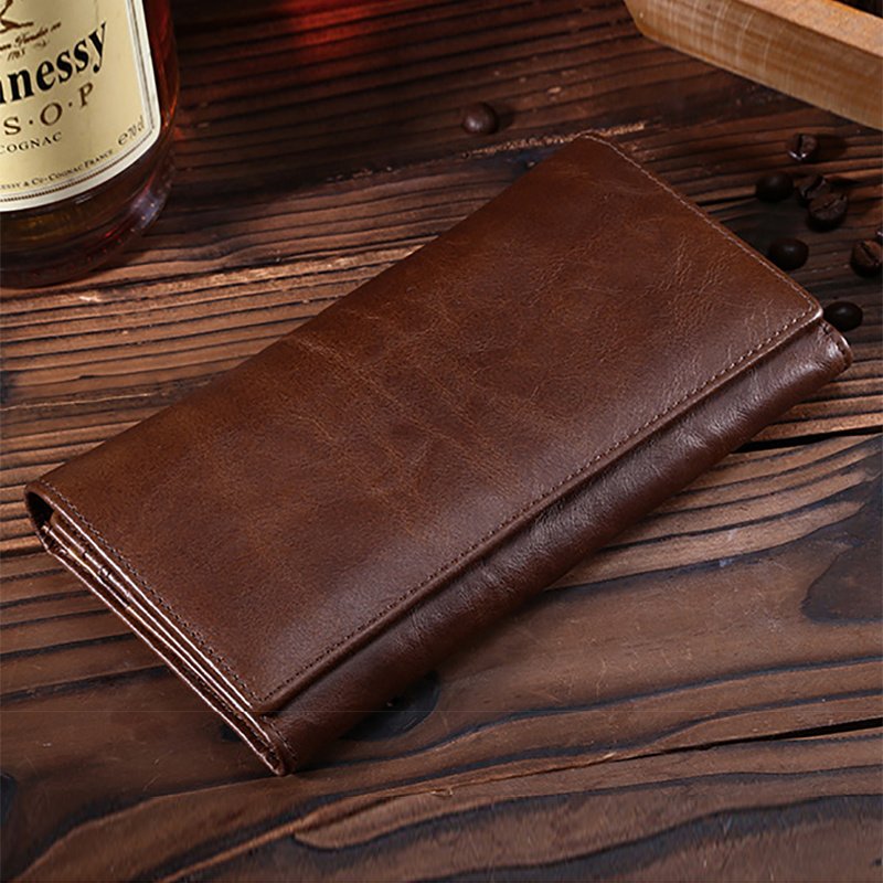 Genuine Leather Men Long Wallet Pocket Credit Card Holder Vintage High Quality Male Clutch Money Coin Bag Oil Wax Cowhide Purse