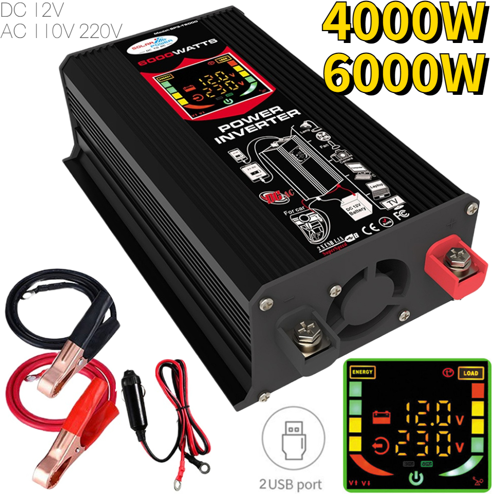 6000W/4000W Power Modified Sine Wave Dual USB Car Inverter Converter DC 12V to AC 110V/220V Voltage Transformer