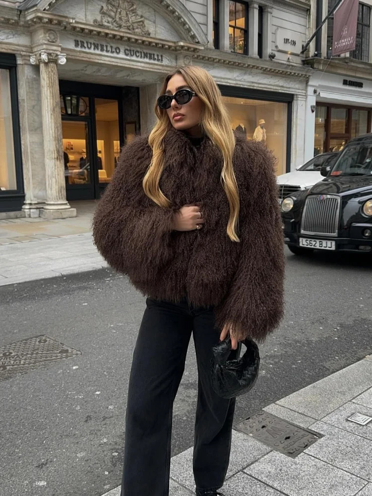 Winter Solid Fluffy Fur Coat Womens Street Collar Faux Fur Jacket Womens Casual Coat 241108