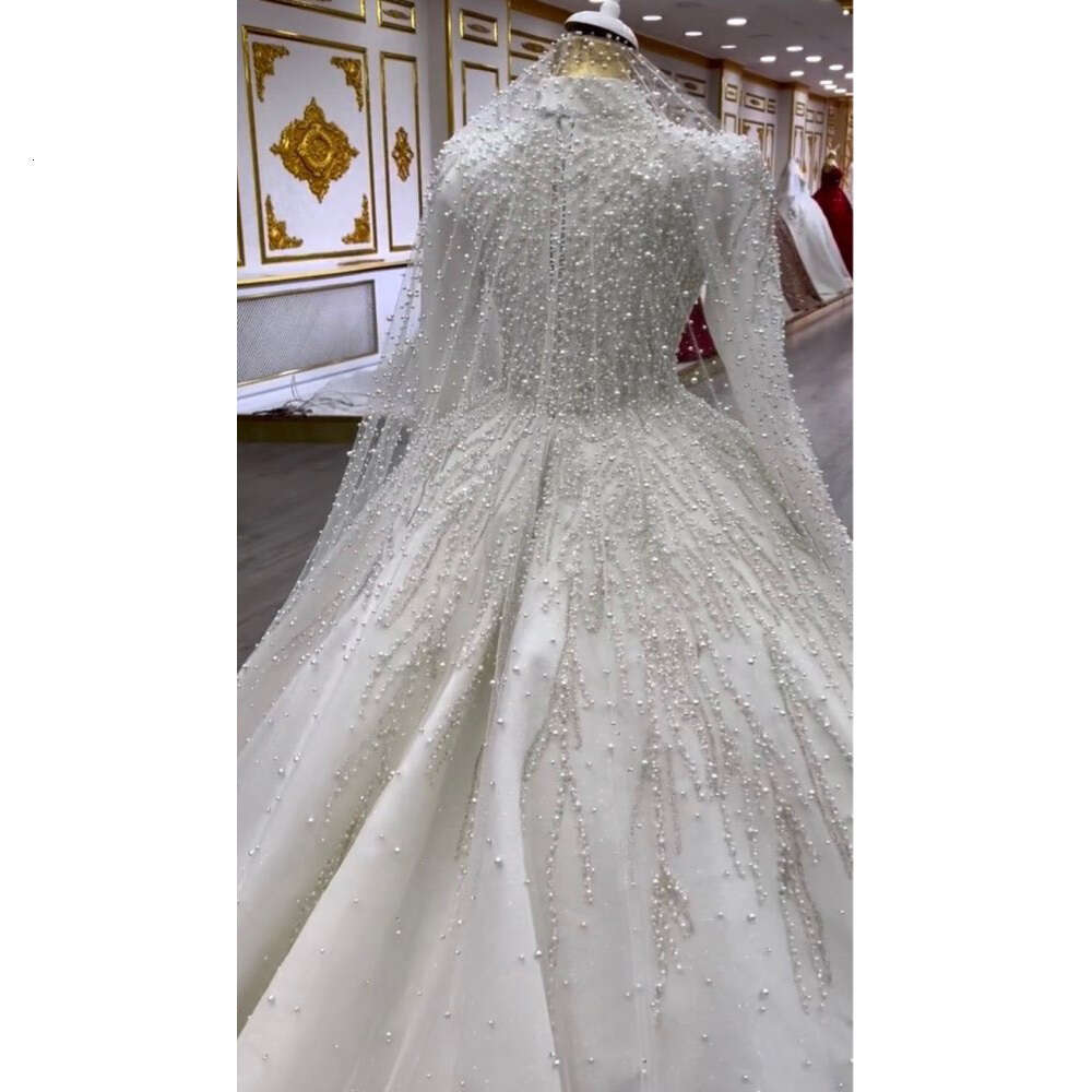 STEVDITG Pearls Bride Fashion High Collar Long Sleeves Beading Ball Gowns Elegant Chapel Train Wedding Dress