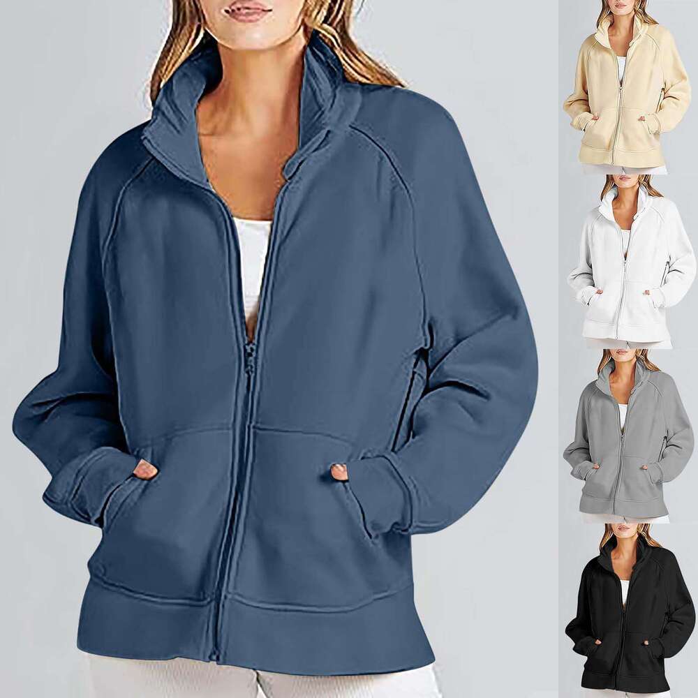 shanshi leather jacket women Autumn and Winter 2023 Pocket Insert Long Zipper Sports Sweater Women's Loose Casual Coat ()