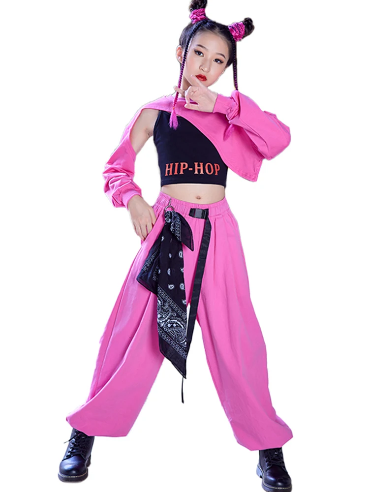 2022 Jazz Dance Costume For Girls Crop Tops Pants Pink Kpop Hip-Hop Performance Outfits Kids Hip Hop Clothing Stage Wear BL9495