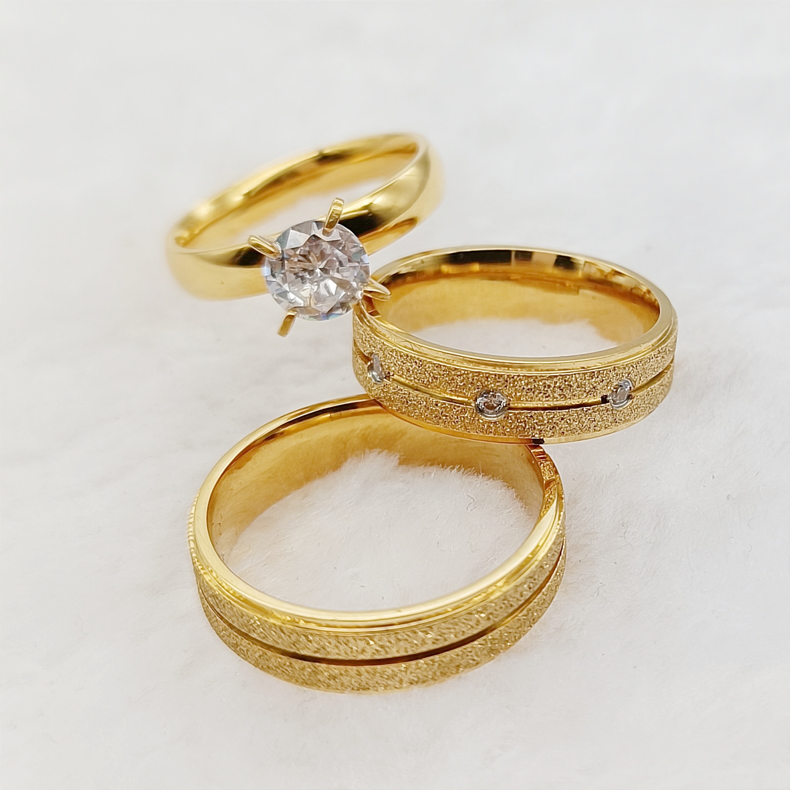 Conjunto de anillos de compromiso de boda para mujer, anillo de dedo chapado en oro de 24k, hecho a mano, 3 piezas