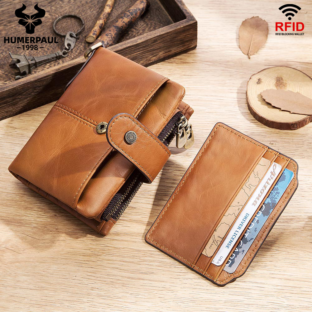Short Genuine Leather Women Wallet Classical Purse RFID Blocking Card Holder Zipper Coin Pocket For Men With Anti-theft Chain