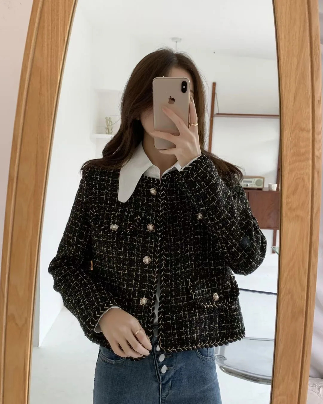 HMA Women Fashion Black Plaid Tweed Woolen Jacket Coat Vintage Long Sleeve Female Outerwear Chic Tops 241111
