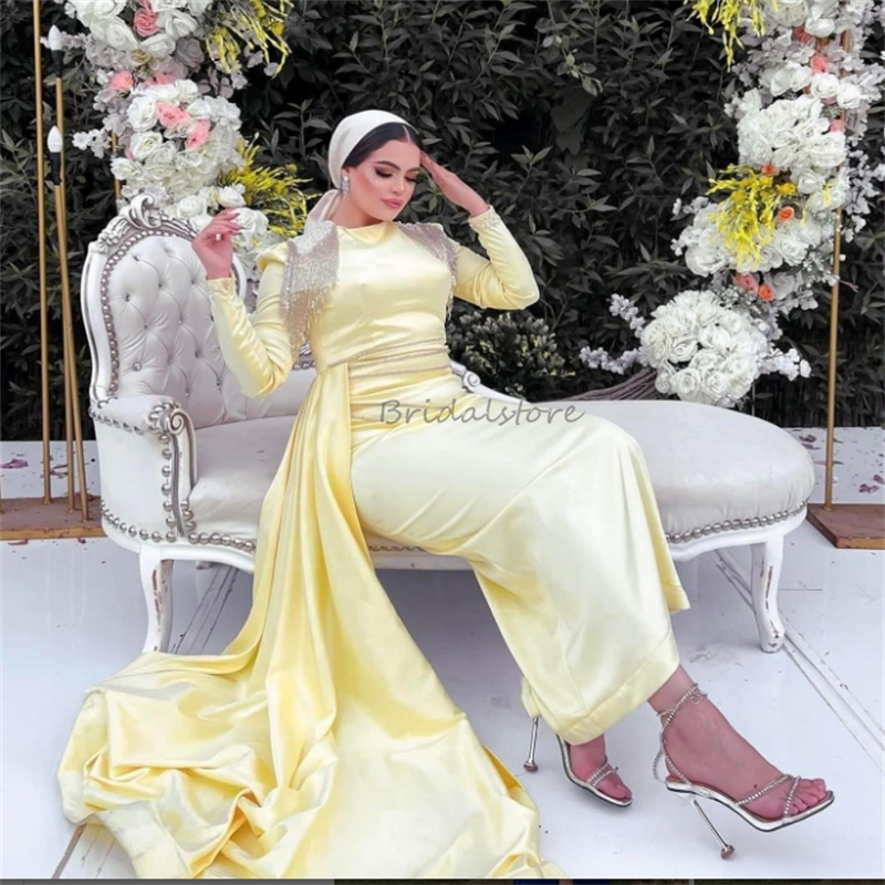 Yellow Arabic Evening Dresses With Tassle Beaded Elegant Long Sleeve Muslim Prom Dress Birthday Party Gown Amazing Vestio De Gala Cocktail Wear Night 