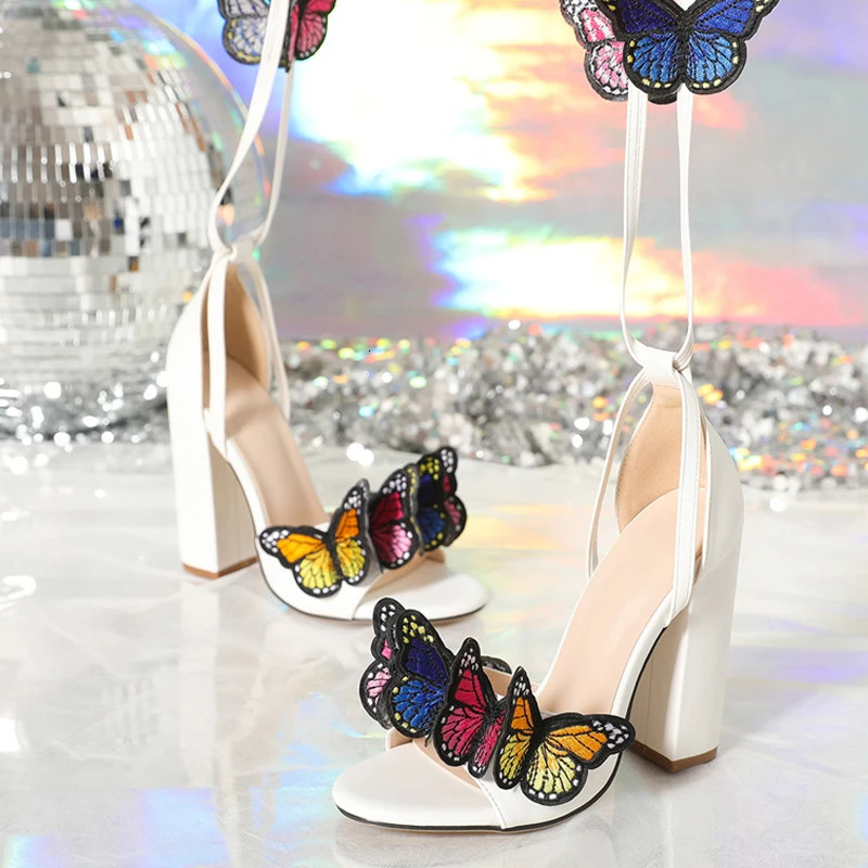 Liyke 2025 Arrivals Open Toe White Sandals For Women Handwork Embroidery Butterfly Lace Up High Heels Party Dress Shoe Pumps 240407