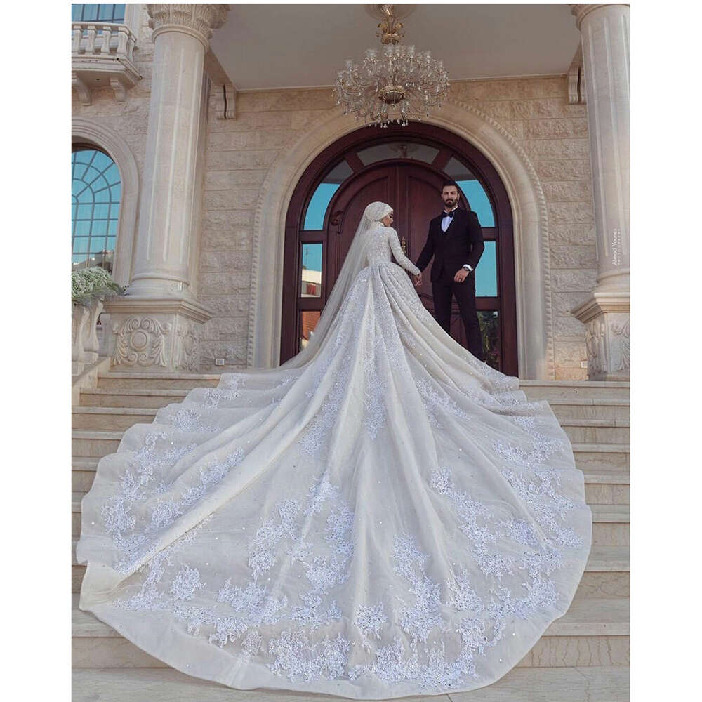 STEVDITG Pearls Crystal Wedding Fashion High Neck Long Sleeves Appliques Beading Chapel Train Ball Gown Bride Dress 0914