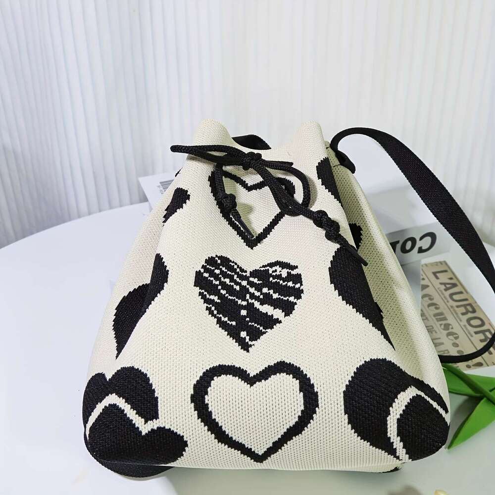 Fashion Mini Classic Heart Pattern Bucket Drawstring Shoulder Bag, Casual All-Match Handbag .