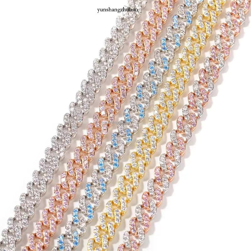 Iced Out 9mm Cubic k Chain Pink Purple Miami Hiphop Cuban Bracelet Bg Wholesale Necklace