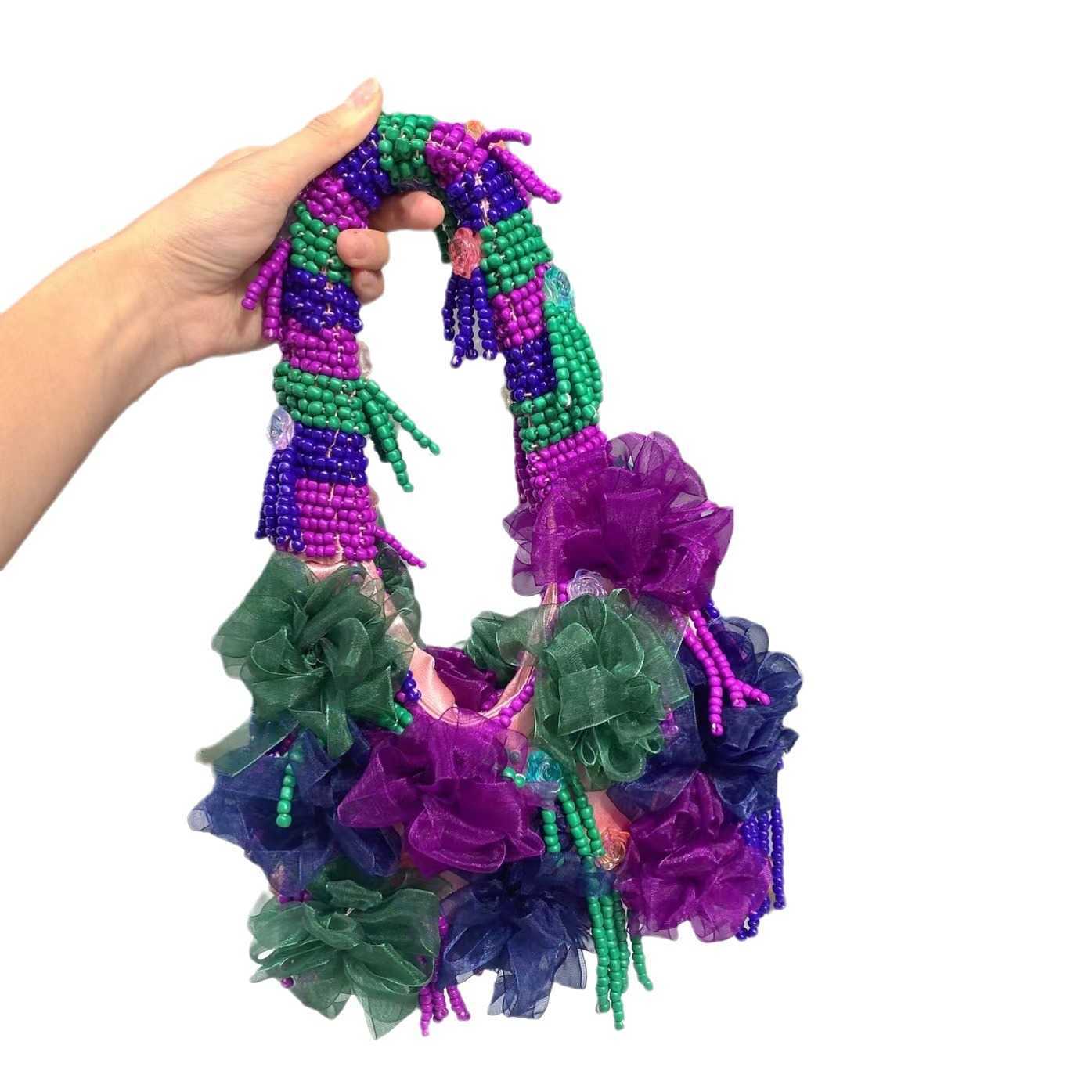 Purple fashion flower bead art niche design ethnic style leisure tourism single shoulder armpit bag 241115