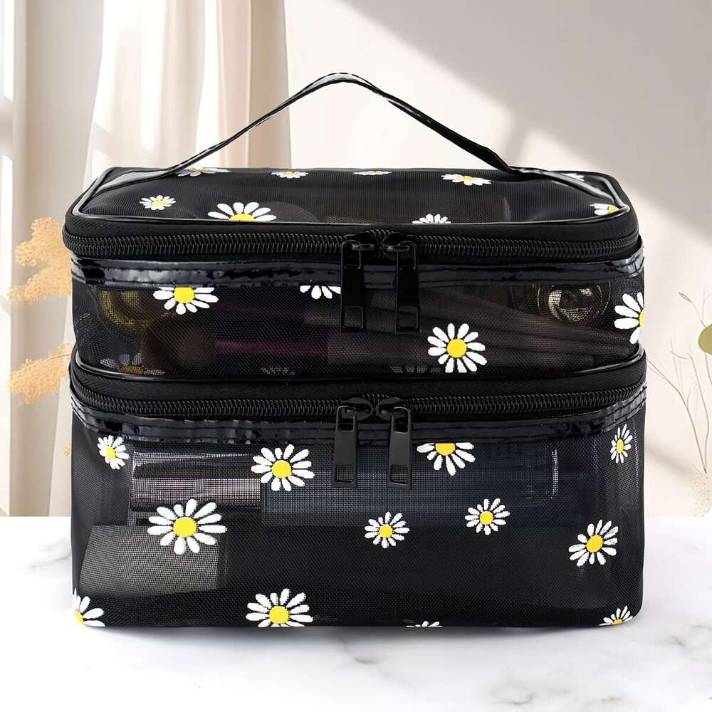 Daisy Mesh Cosmetic Large Capacity Convenient Travel Wash Double Layer Make Up Supplies Storage Makeup Bag