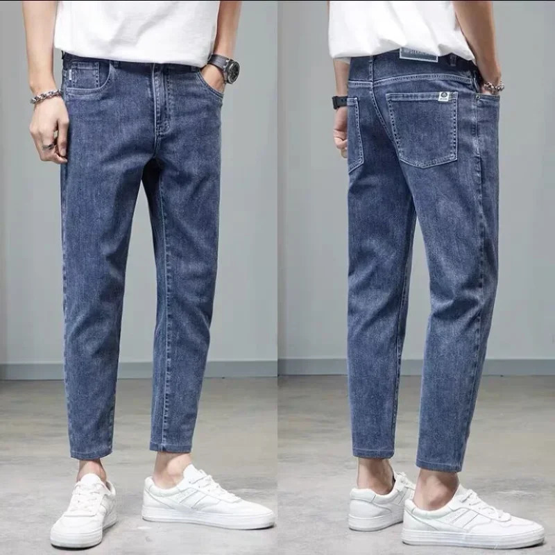 Mens elastic lightweight blue mens jeans stretch Trouser ultra-thin slim fit tight tube cutting trend Korean style 241108
