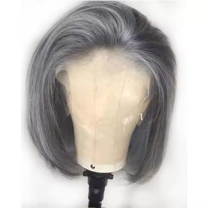 Grey Colored Human Hair Wigs Short Bob Lace Front Blunt Cut Wigs 13X4 Side Part Brazilian Gray Human Hair Pre Plucked Remy Wigs
