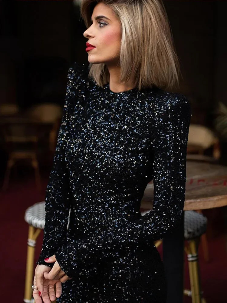 Chic Black Shiny Sequins Maxi Dress Women O Neck Long Sleeve Party Gowns Female Autumn Elegant Evening Event Veatisos 241111