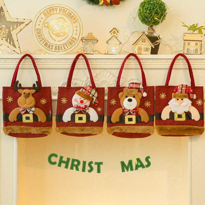 Christmas 4pcs Set of Festive Gift Bags with Santa, Snowman & Reindeer Dolls - Charming Holiday Drawstring Pouches Gifts, Candy, Party Favors | Perfec