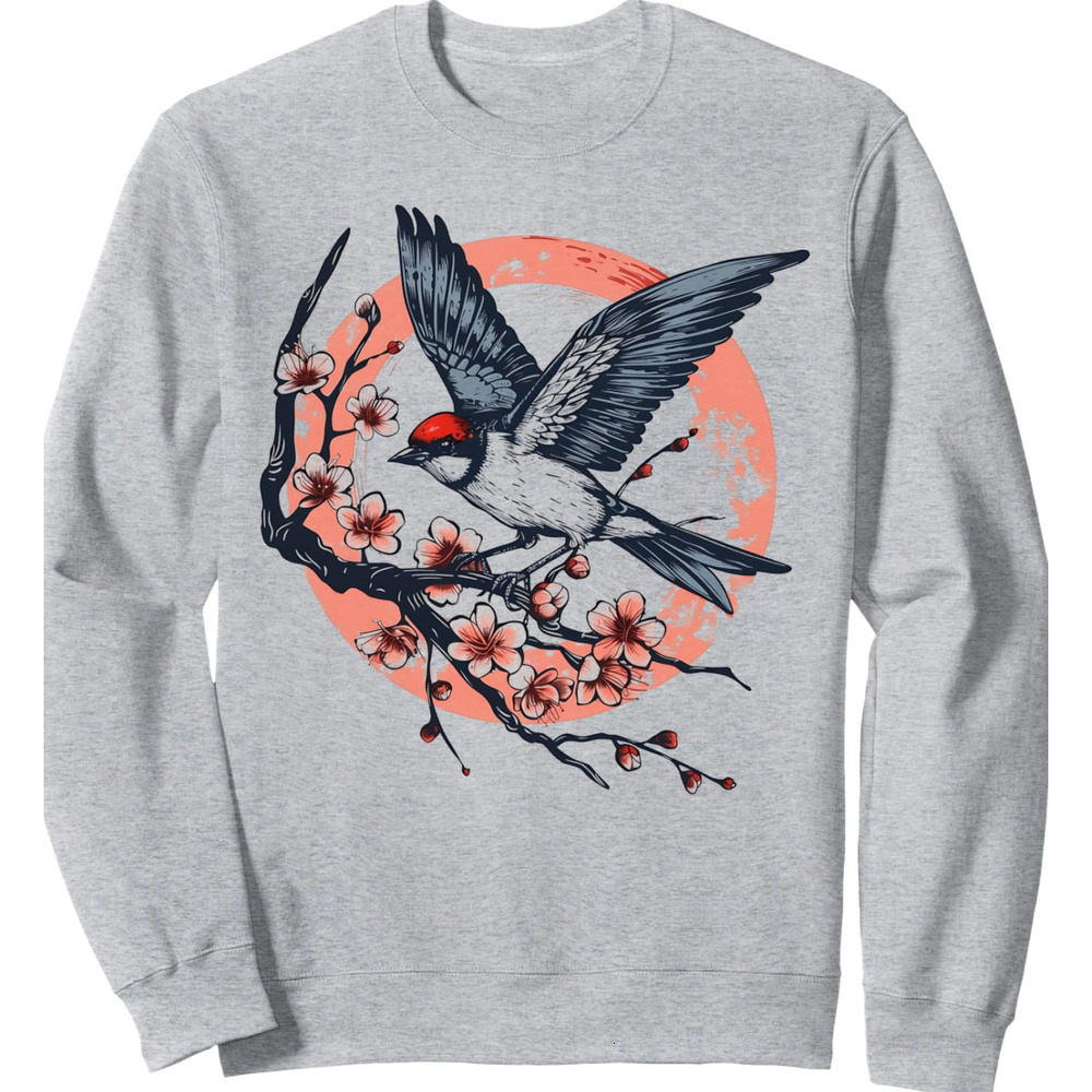 Long Sleeve Shirts for Men sweatshirt Japanese Art Bird Cherry Blossom Birdwatching Japan Sweatshirt T shirt Tee Streetwear Casual tops clothes