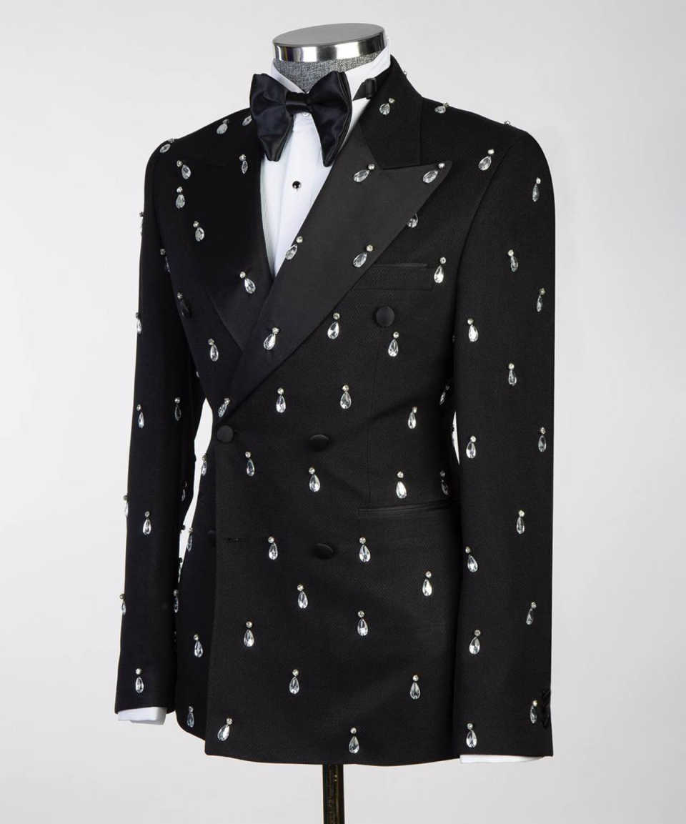Large Crystal Groom Wedding Tuxedos2 Pieces Slim Fit Black Double Breasted Mens Suits Banquet Formal Wear