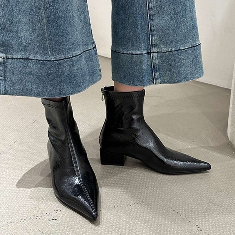 Pointed Toe Women Ankle Boots Fashion Thick Heel Slimming Short Booties Autumn Winter Soft Leather Female Shoes