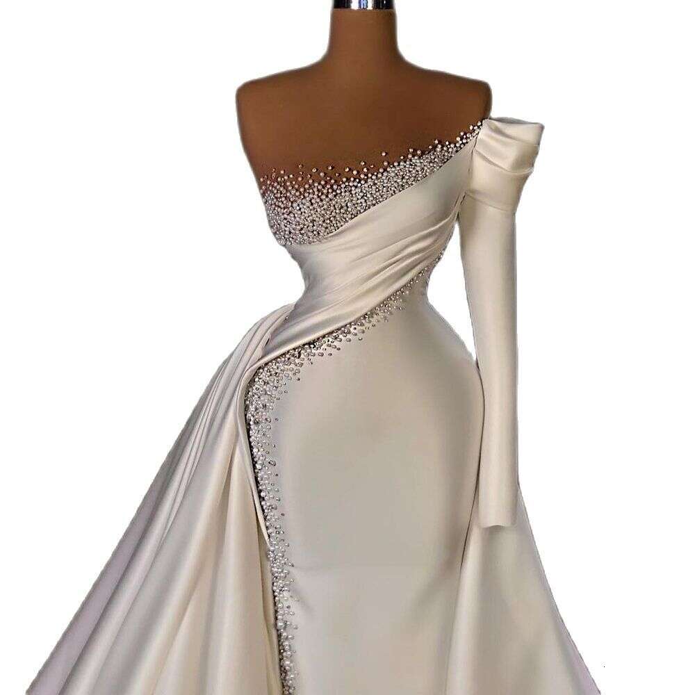STEVDITG Elegant Women Wedding Fashion One-shoulder Pearls Mermaid Gowns Court Train White Satin Bride Dress 2023