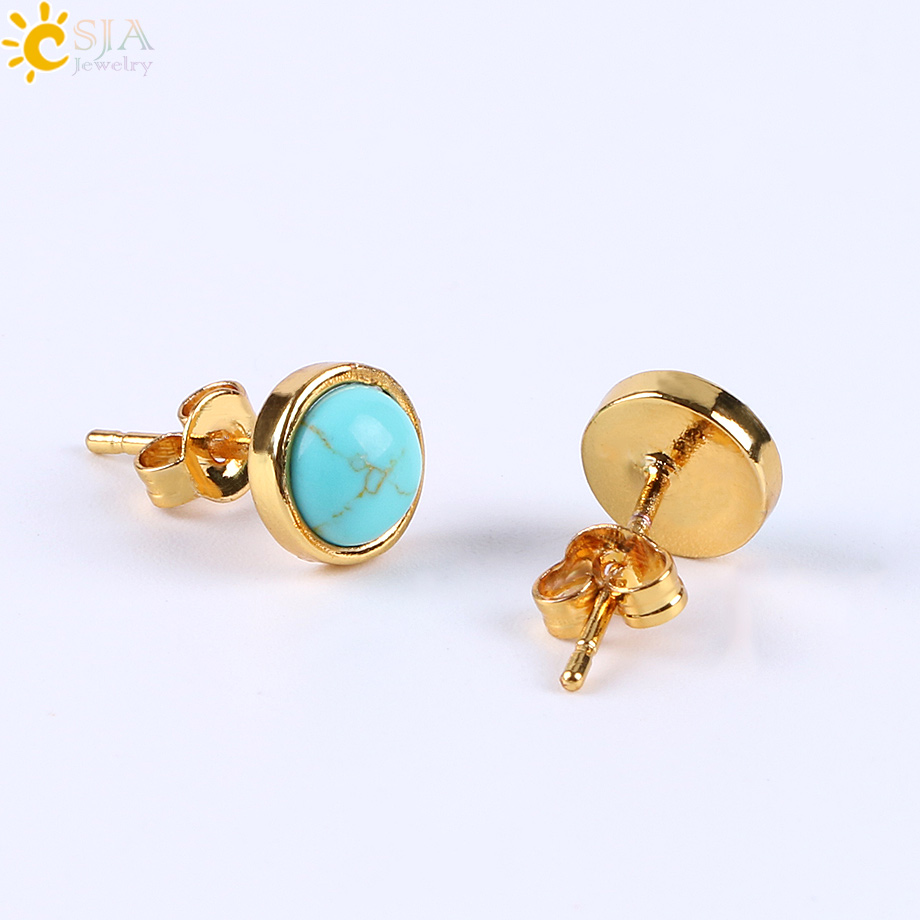 CSJA Cute Tiny Round Stud Earrings for Women Gold Color Ear Piercing Natural Gem Stone Bead Onyx Black Crystal Earring E596