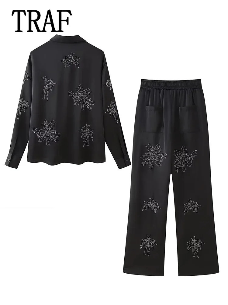 TRAF Women Outfit Fashion Embroidery Long Pants Sets For Single Breasted Sleeve Shirt Suit 241108