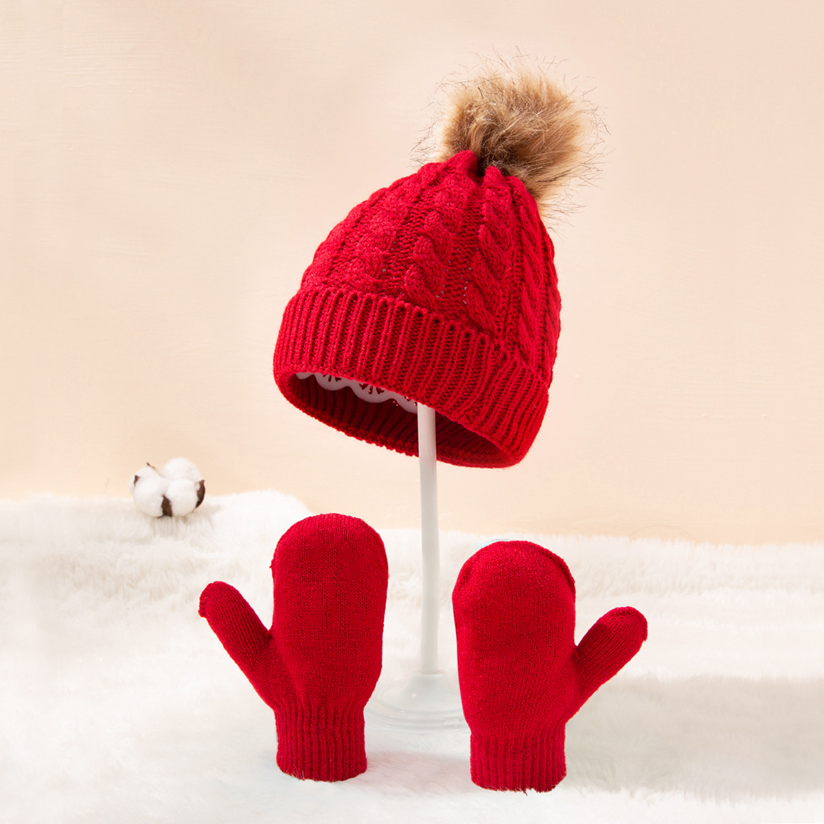 Winter Hat Gloves Suit Children Boys Girls Caps Pompom Ball Keep Warm Knitted Beanies and Mittens Solid Color for 0-3 Years Kids