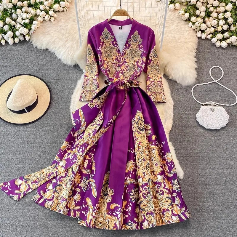 JAMERARY Elegant Flower Print Paisley Midi Autumn Dress Womens V Neck Laces Up Belt Midi Robe Party Vestidos 241111