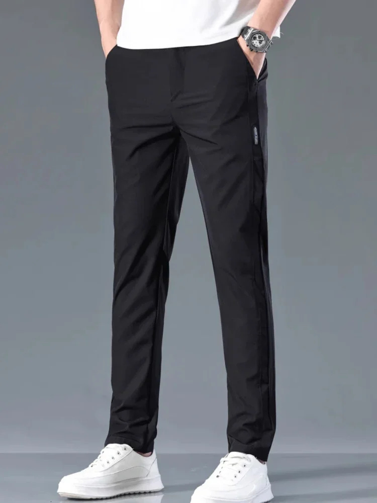 Mens casual pants semi elastic waistband nylon ice silver elastic straight tube light gray business gentleman summer casual 241111