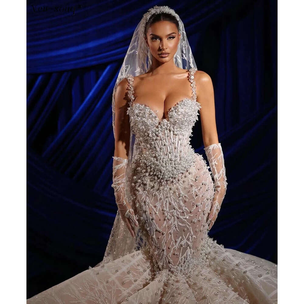 Sequined Pearls Bride White Fashion Sweetheart Spaghetti Straps Beading Lace Court Train Mermaid Wedding Dress