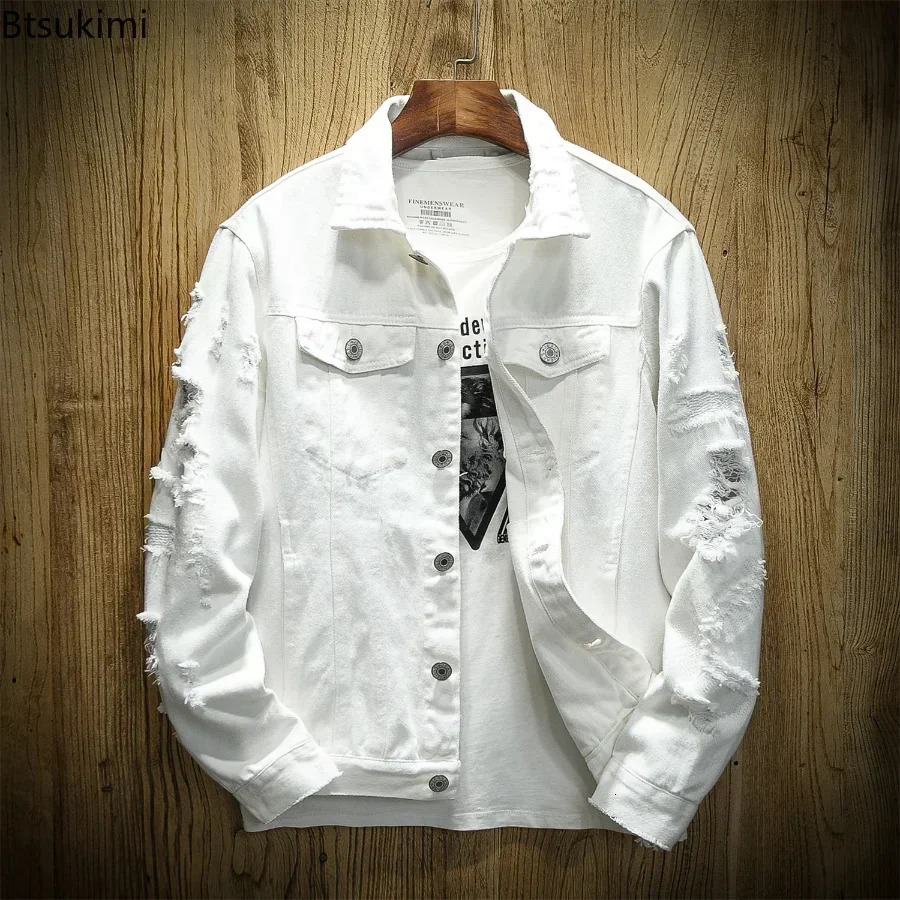 2024 Mens Fashion Jeans Jacket Solid Spring Autumn Cotton Denim Men Red White Black Pink Ripped Hole Jean Coats Male 241111