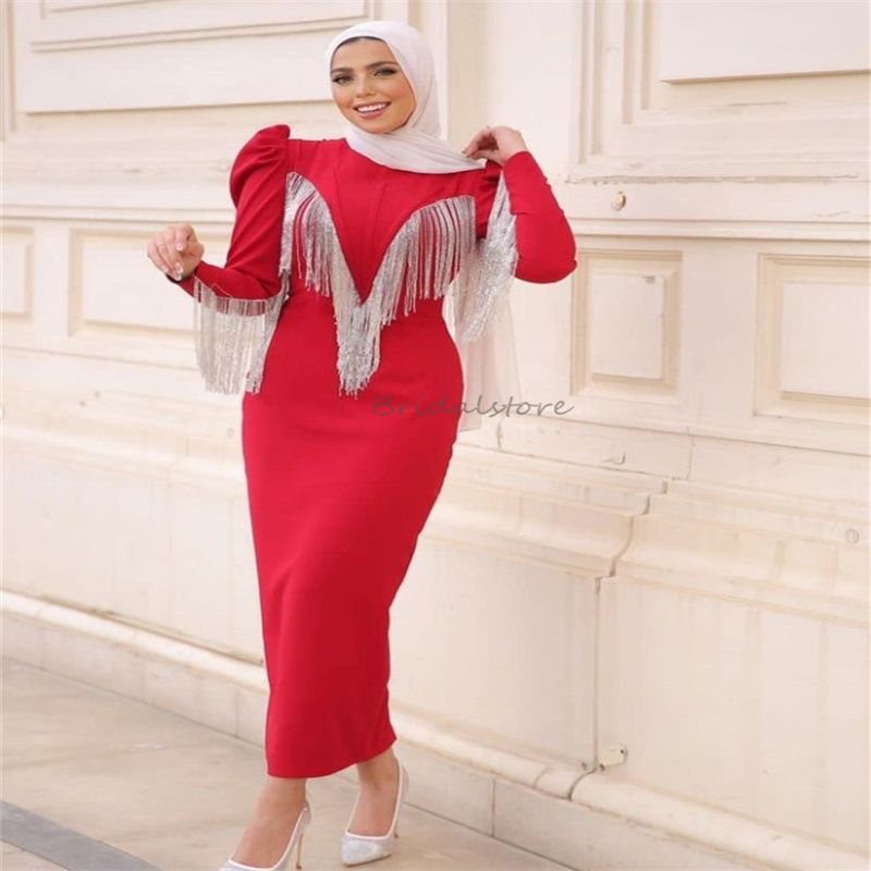 Red Evening Dress Saudi Arabic Mermaid Muslim Prom Dresses With Tassle Long Sleeve Short Cocktail Party Dress Tea Length Graduation Homecoming Birthda