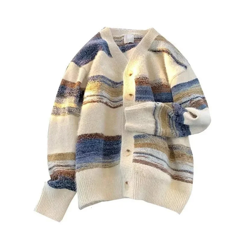 American Retro Lazy Striped Open Cardigan Knitted Sweater Jacket Loose Couple For Men And Women Casual VNeck Pullovers 241111