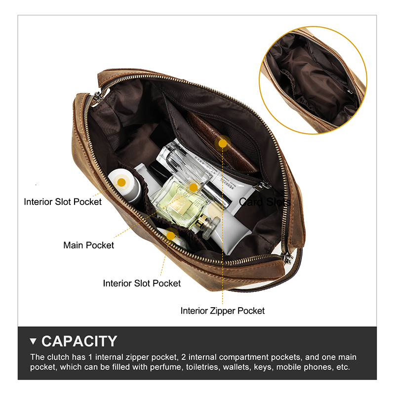 Contact's Men Hanging Cosmetic Bag Crazy Horse Leather Travel Makeup Case Zipper Organizer Storage Pouch Vintage Toiletry Bags Leather