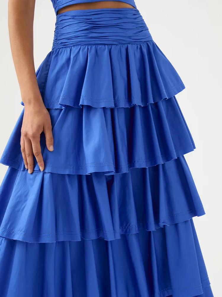 VGH Solid Two Piece Sets For Women V Neck Butterfly Sleeve Folds Crop Tops High Waist Tierred Pleated Skirt Casual Set Female