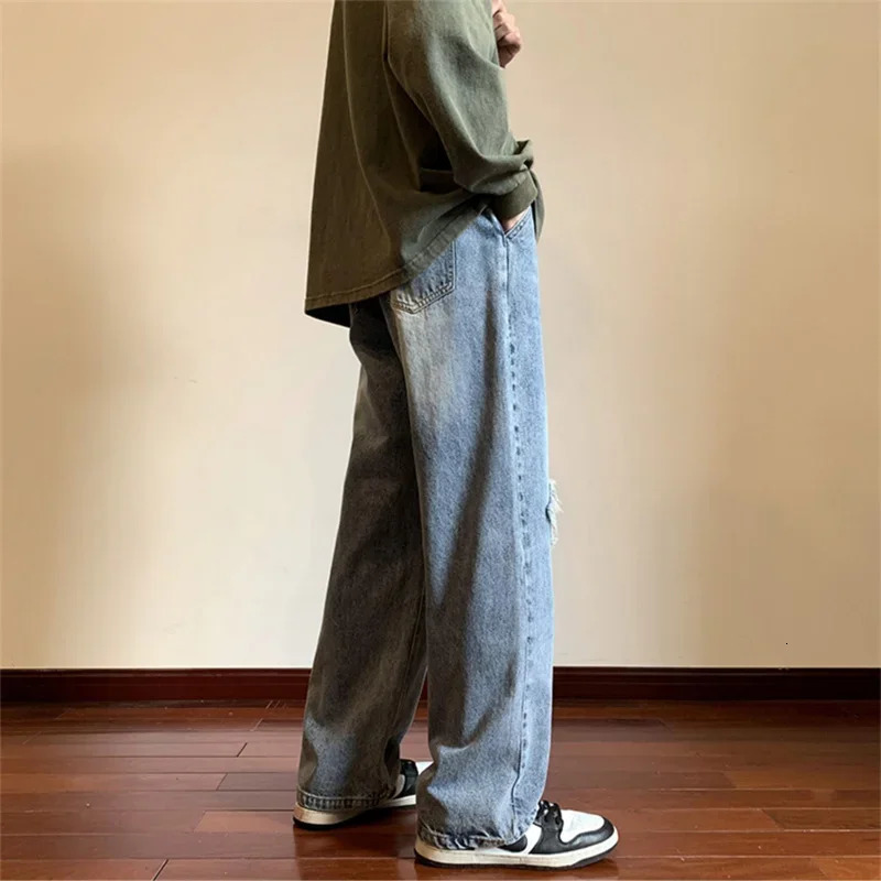 Mens Star Embroidered Ripped Baggy Jeans High Street Straight Denim Pants Autumn Hip Hop Fashion Y2K Vintage Jean Trousers 241111