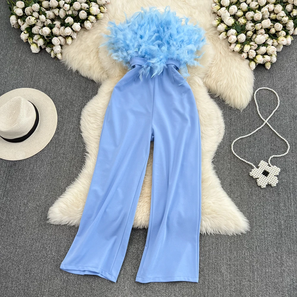 Feather Spliced Elegant Belt Jumpsuits for Women Tassels High Waist Solid Colours Straight-leg Pants Chic Skinny Femme Bodysuits