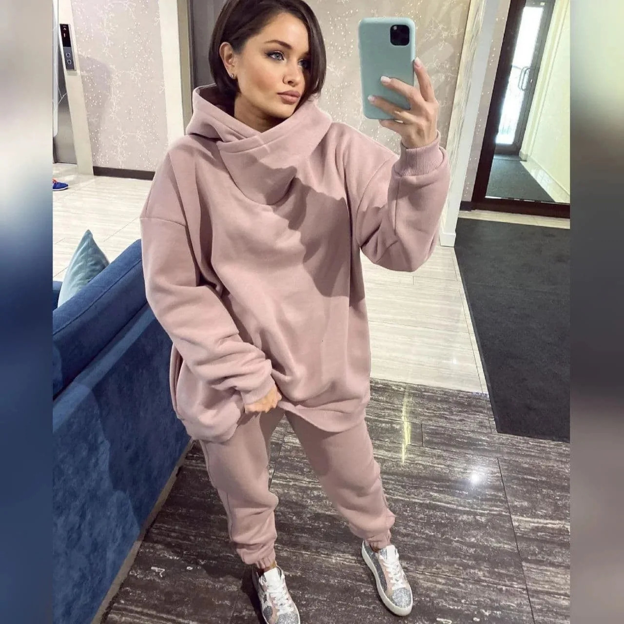 Winter Womens Tracksuit Two Piece Sets Solid Long Sleeve Hooded Running Sports Suit Warm Hoodie Sweatshirts Pant 241111
