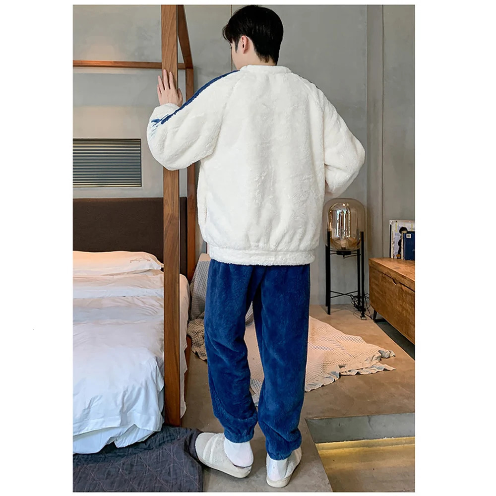 Fashion Cartoon Winter Men O Neck Sleepwear For Sleeping Thicken Plush Flannel Warm Pamas Set Comfortable Soft Pyjamas Homme 241111 B3