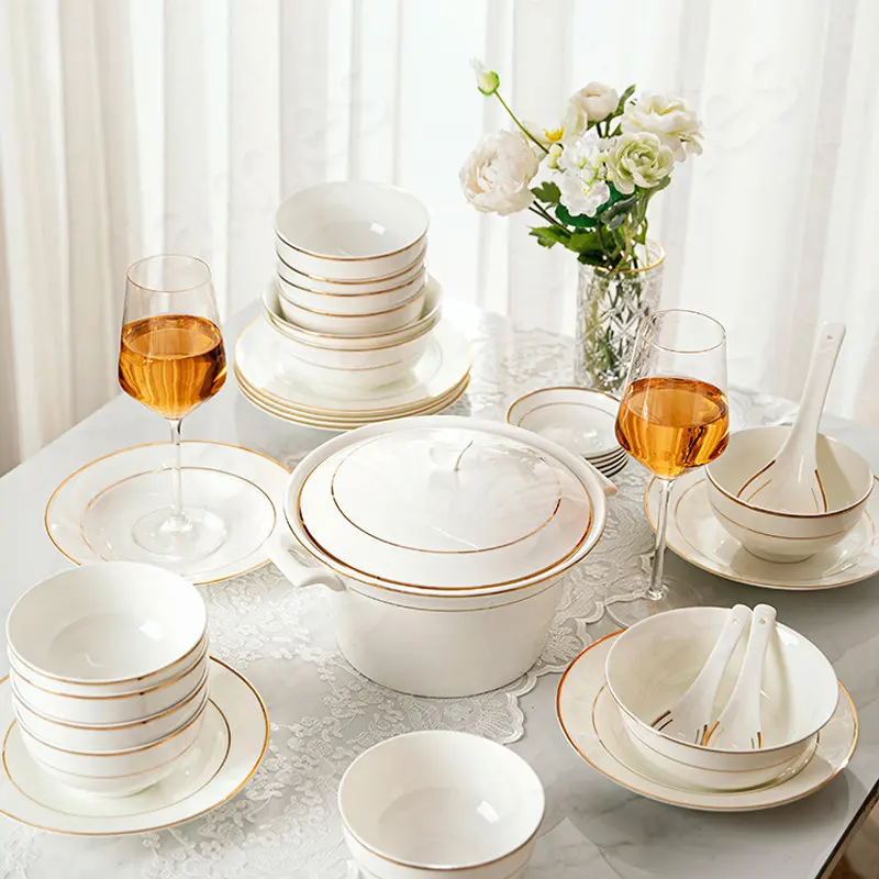 Gold Edge Ceramic Bowl and Plate Modern Simple Dinner Plates Steak Pasta Salad Dessert Cake Ceramics Tableware Fruit Soup Bowls