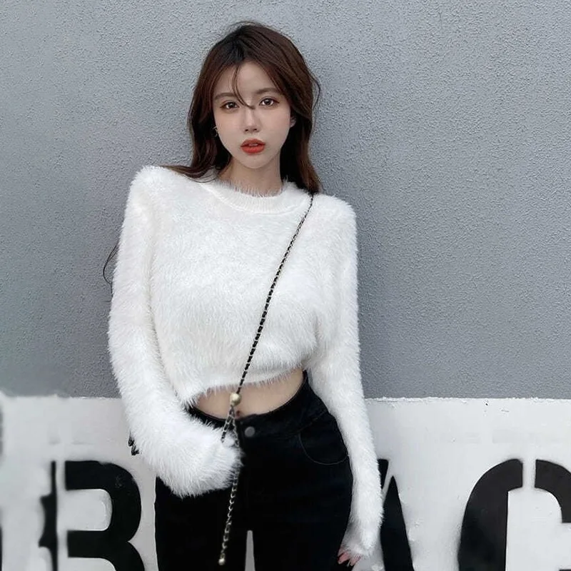 y2k Sweater For Women Sweet Faux new Mink Hairy Pullover O Neck Long Sleeve Loose Short Sweater Lady Casual Soft 2025 Warm Jumper