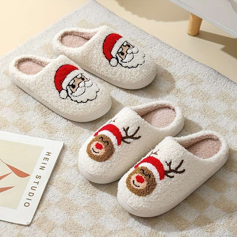 Christmas Cartoon Character Fuzzy Slippers Soft Non-Slip Flat Women Men - Christmas Home Warm & Cozy Slip-On Shoes with Comfortable Fleece ing and Ant