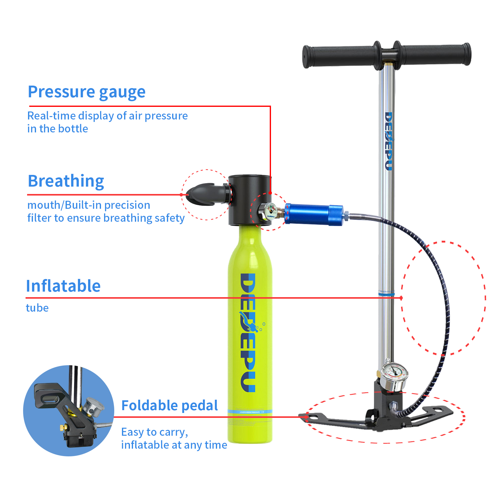 DEDEPU Scuba Diving Tank Mini Diving Cylinder Equipment Snorkeling Dive Bottle Oxygen With Hand Pump Dive Goggles Snorkeling