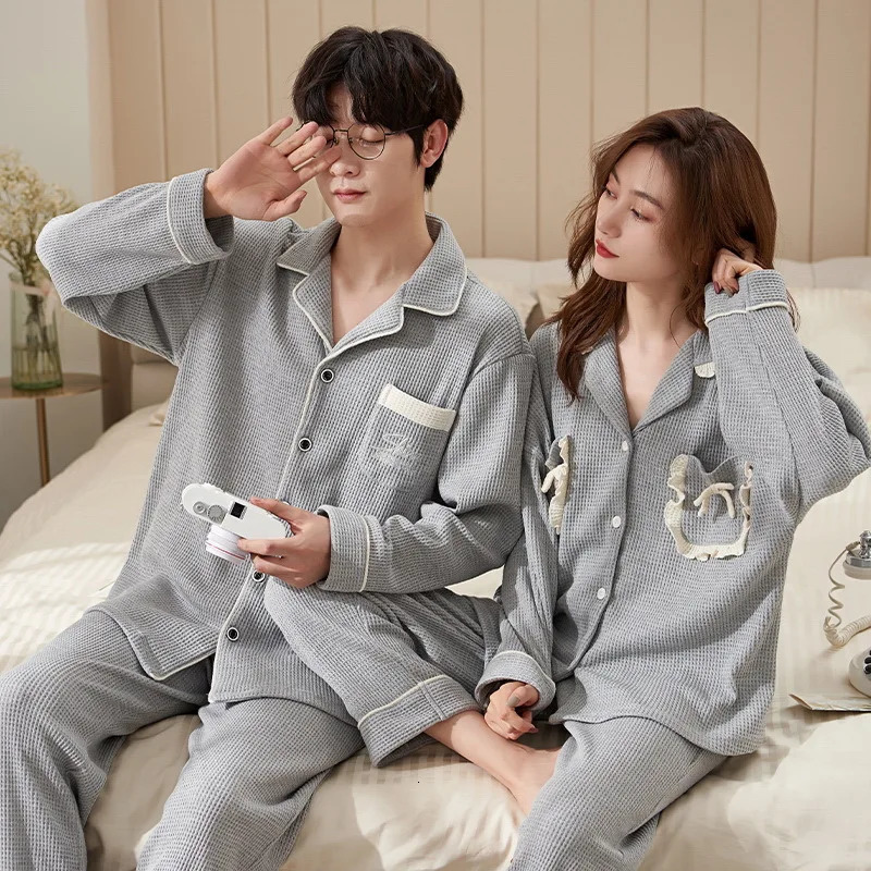 Autumn Winter Mens Waffle Pajama Set Long Sleeve Trousers Plus Size 3XL Loosefit Casual Couple Home Clothes Women Loungewear 241111