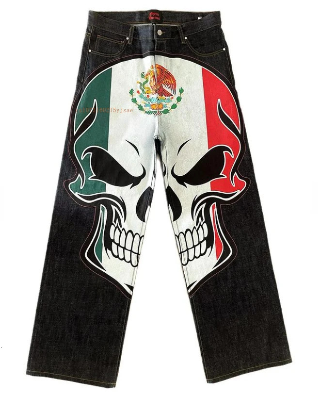 Y2k jeans mens skeleton elements personalized straight pants American street style loose casual blue jeans 241108