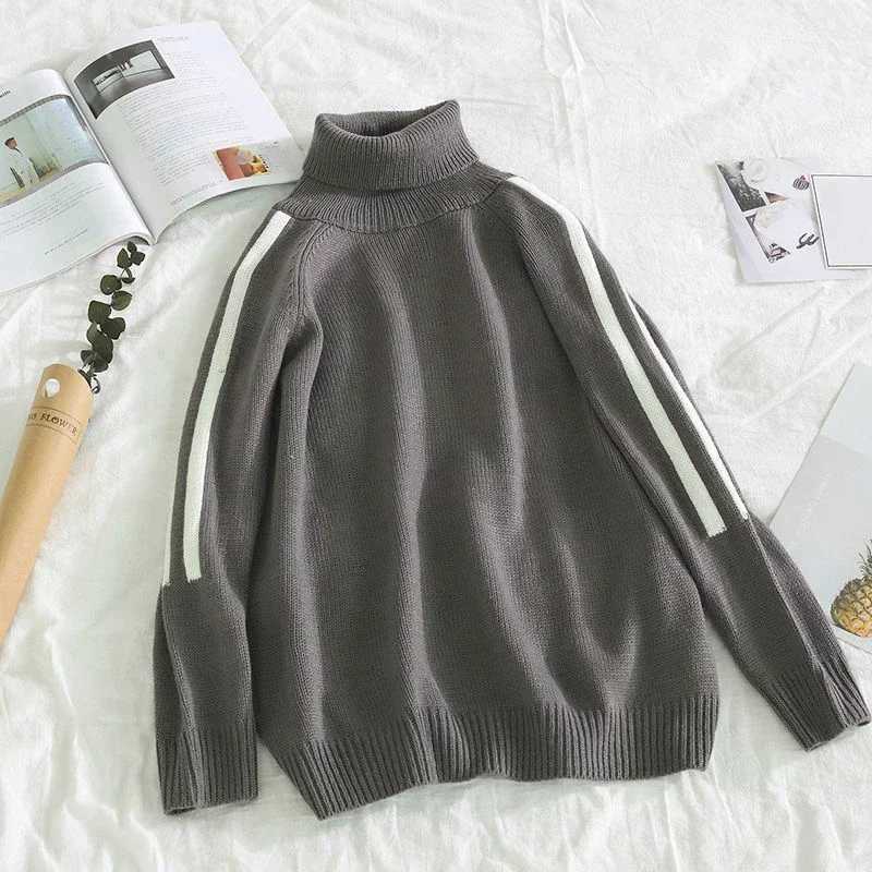 Knitted sweater mens striped floral mens clothing white high neck Harajuku casual turtle neck top old Korea 2024 autumn warm W2411111