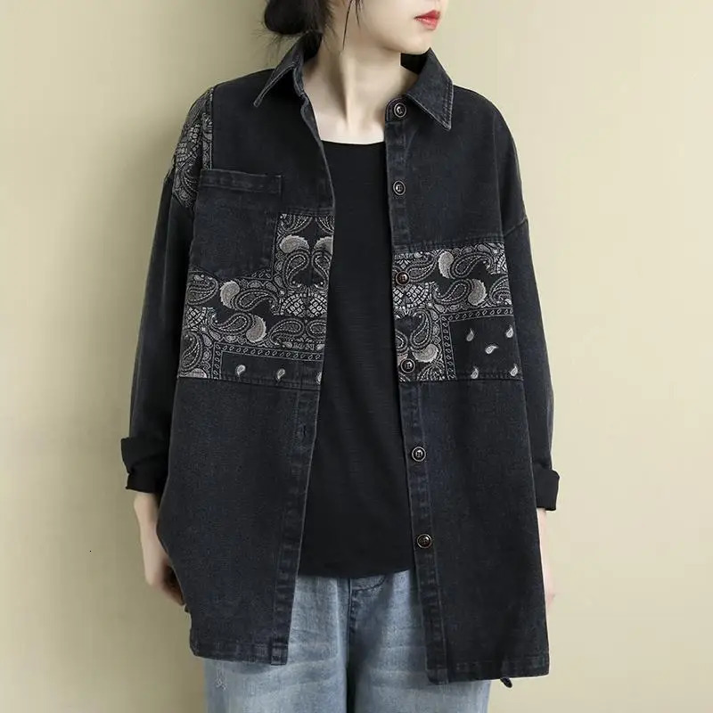 Black loose long sleeved denim shirt for women spring style lapel patchwork printed casual denim jacket for women autumn outerwear top 241112
