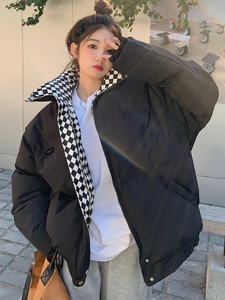 Winter Down Cotton Jacket Women 2023 Zipper Loose Padded Coat Female Solid Thickening Warm Puffer Parkas Jackets Black Khaki 241108