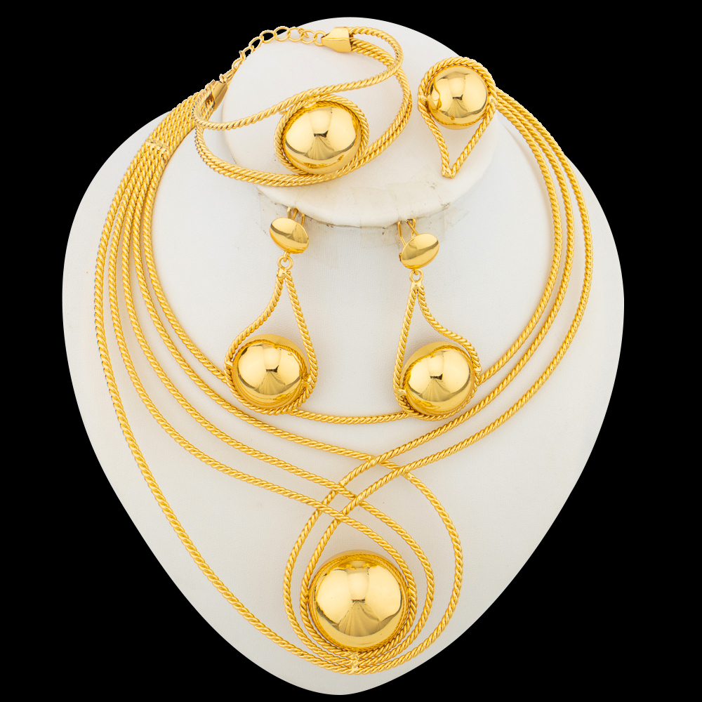 Italian Weddings Party Jewelry Set for Women Gold Color Big Necklace Beads Earrings with Bangle Ring 4Pcs Set for Engagement e13fe